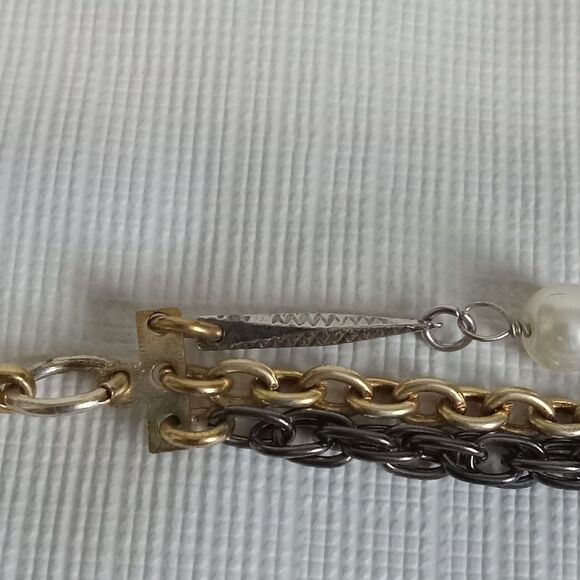 Triple Strand Long Length Gold & Silver Toned Layered Chain Statement Necklace - Picture 7 of 9